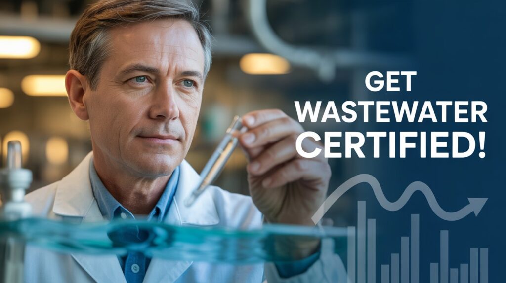 wastewater certification levels Create a professional product shot YouTube thumbnail for "Wastewater Certification" training. The image features a close-up of a confident, mature professional in a lab coat examining a water sample, with a blurred background of a modern wastewater treatment facility. Warm, focused lighting highlights the water sample and the professional's face, conveying expertise and reliability, while a subtle overlay of a clean, stylized graph suggests analytical skills. In the top right corner, bold, clear text reads “GET CERTIFIED!” against a dark blue background, emphasizing the benefit and driving clicks with a serious and trustworthy aesthetic.