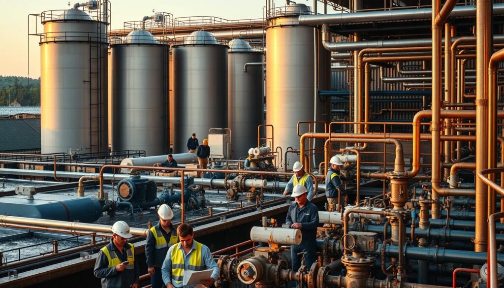 A bustling wastewater treatment plant, its towering tanks and pipes bathed in warm, golden-hour lighting. In the foreground, a team of workers inspecting equipment, their faces lit with a sense of purpose. The middle ground showcases a variety of specialized roles, from technicians monitoring water quality to engineers designing innovative upgrades. In the background, a network of pipes and valves, conveying the flow of water through the complex system. The overall scene conveys the dynamic, multifaceted nature of wastewater management, highlighting the diverse career opportunities available to those seeking to make a difference in this essential field.