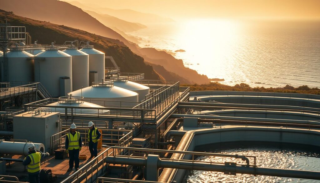 A bustling wastewater treatment plant situated against the backdrop of the majestic California coastline. In the foreground, a team of skilled technicians in protective gear monitor the flow of water, ensuring the efficient processing of municipal and industrial waste. The midground showcases the advanced infrastructure, with towering tanks, pipes, and filtration systems casting long shadows under the warm, golden sunlight. In the distance, the shimmering Pacific Ocean creates a tranquil, scenic vista, hinting at the environmental benefits of responsible wastewater management. The scene exudes a sense of industrious dedication, showcasing the vital yet often overlooked roles that wastewater professionals play in sustaining California's thriving communities and preserving its natural beauty.