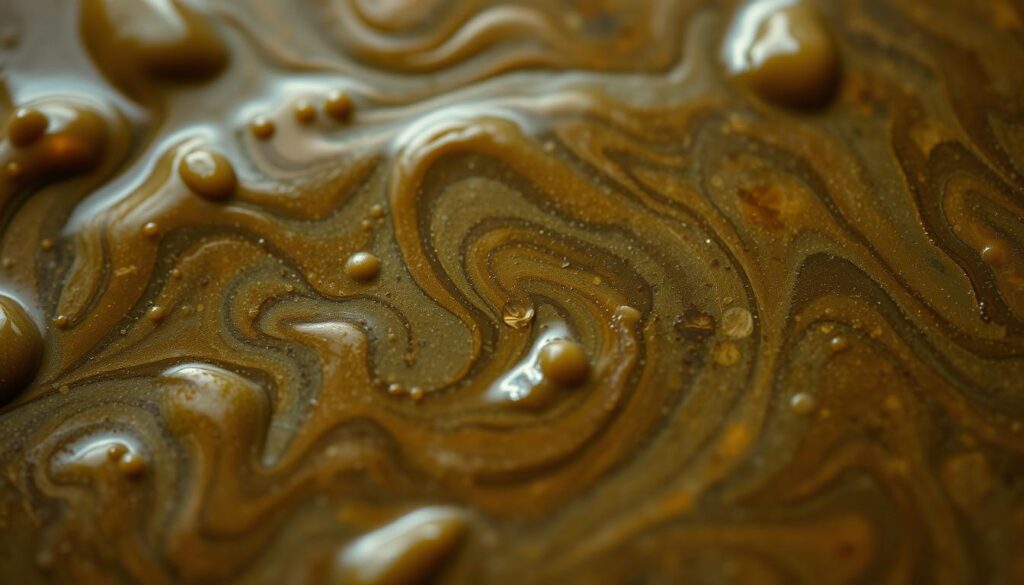 A close-up examination of a sludge sample, captured with a macro lens under soft, diffused lighting. The texture appears thick and viscous, with swirling patterns and muted hues ranging from earthy browns to murky greens. The sludge's surface exhibits a subtle sheen, hinting at its wet, gelatinous consistency. The image showcases the visual cues that can be used to assess sludge quality and consistency during a routine inspection.