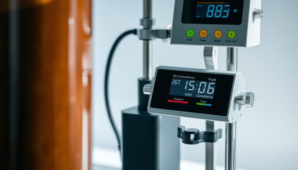 A close-up view of a sludge consistency test apparatus, illuminated by soft natural lighting and captured at a slight angle. The foreground features a transparent cylinder filled with a thick, viscous brown sludge substance, its surface shimmering with a glossy sheen. The middle ground showcases the testing equipment, including a stand, clamps, and a digital display providing real-time data on the sludge's consistency and flow properties. The background subtly blurs, suggesting a clean, professional laboratory setting, conveying the technical and regulatory nature of the process.