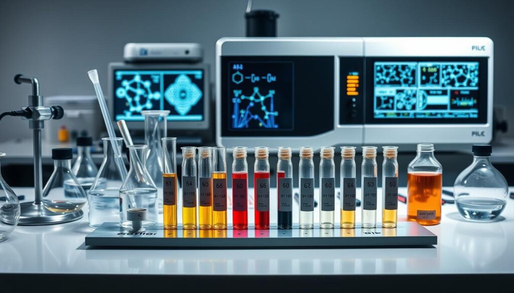 A detailed chemical analysis of sewage sludge, displayed on a sleek laboratory table. In the foreground, various scientific instruments and glassware, including beakers, pipettes, and Bunsen burners, are neatly arranged. The middle ground showcases a series of test tubes and sample vials, each labeled with the elements and compounds being analyzed. The background features a large, state-of-the-art analytical instrument, such as a mass spectrometer or a gas chromatograph, its display screen showing complex molecular structures and data visualizations. The scene is illuminated by bright, directional lighting, casting sharp shadows and highlighting the precision and technicality of the chemical investigation. The overall mood is one of scientific rigor and environmental stewardship.