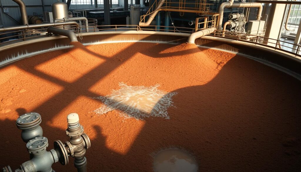 A large industrial tank filled with a thick, murky brown sludge undergoing a dewatering process. The sludge is being mechanically agitated and drained, revealing a layer of clarified water at the bottom. The tank is bathed in a warm, industrial lighting, casting long shadows across the scene. In the foreground, a series of pipes and valves control the flow of the sludge and water, while in the background, a complex array of machinery and equipment hint at the scale and sophistication of the dewatering operation. The overall atmosphere is one of efficient, large-scale industrial processing.