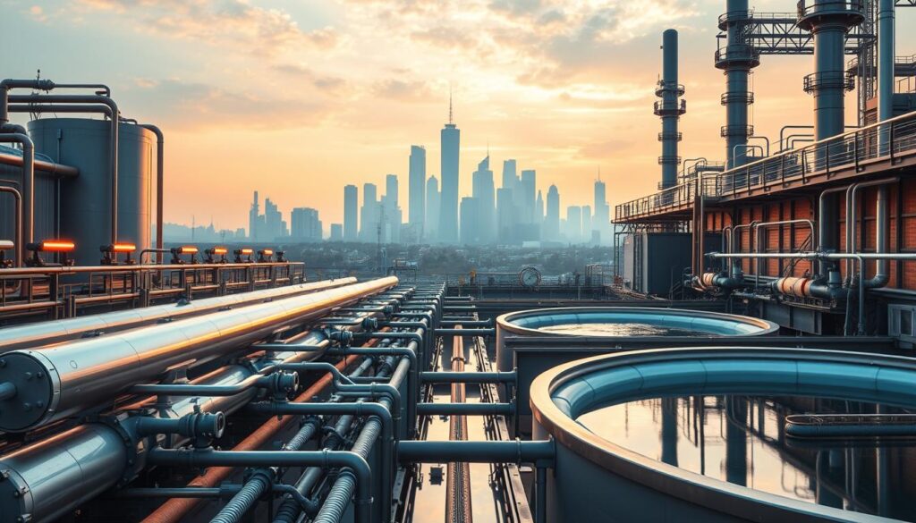 A sleek, futuristic wastewater treatment facility set against a backdrop of towering industrial structures. In the foreground, advanced membrane filtration systems, bioreactors, and sedimentation tanks work in harmony, bathed in a warm, diffused lighting. The middle ground features a network of pipes, valves, and monitoring equipment, conveying the complex, interconnected nature of the treatment process. In the distance, a cityscape with towering skyscrapers and a vibrant, hazy sky, suggesting the scale and importance of this sustainable infrastructure. The overall scene evokes a sense of technological progress, environmental responsibility, and efficient resource management. A sleek, futuristic wastewater treatment facility set against a backdrop of towering industrial structures. In the foreground, advanced membrane filtration systems, bioreactors, and sedimentation tanks work in harmony, bathed in a warm, diffused lighting. The middle ground features a network of pipes, valves, and monitoring equipment, conveying the complex, interconnected nature of the treatment process. In the distance, a cityscape with towering skyscrapers and a vibrant, hazy sky, suggesting the scale and importance of this sustainable infrastructure. The overall scene evokes a sense of technological progress, environmental responsibility, and efficient resource management.