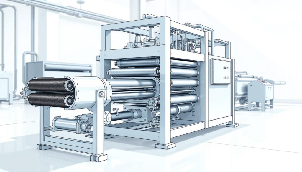 A sleek, modern belt filter press design, captured in a detailed technical illustration. The foreground showcases the intricate mechanism, with conveyor belts, rollers, and filtration chambers rendered with precision. The middle ground highlights the overall structure, featuring a sturdy frame and control panels. In the background, a clean, minimalist industrial setting provides context, with subtle lighting casting soft shadows and highlights. The scene conveys a sense of efficiency and engineering prowess, suitable for illustrating the working principles of this essential water treatment technology.
