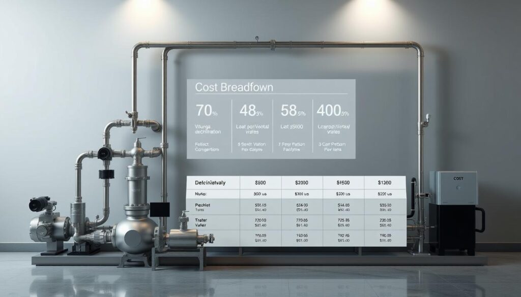 A sleek, modern dechlorination system against a clean, minimalist backdrop. The foreground showcases the various components - pumps, valves, and piping - in a precise, technical arrangement. Muted metallic tones and smooth surfaces convey a sense of efficiency and sophistication. The middle ground features a simplified cost breakdown, with key figures and metrics displayed in a clear, data-driven layout. The background is a subdued, neutral environment, allowing the system and cost information to take center stage. Crisp lighting from multiple angles highlights the intricate details and emphasizes the practical, problem-solving nature of the dechlorination setup.