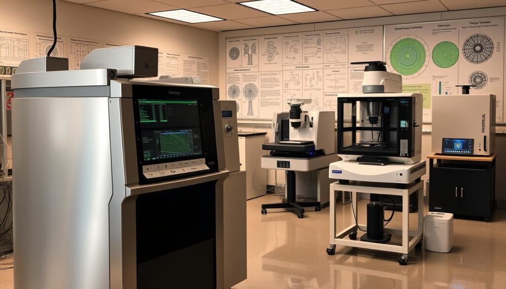 A state-of-the-art laboratory setting with advanced analytical instruments for comprehensive sewage sludge testing. In the foreground, a sleek, stainless steel gas chromatograph-mass spectrometer stands prominently, its intricate controls and displays illuminated by warm, focused lighting. In the middle ground, a scanning electron microscope and an X-ray fluorescence spectrometer sit atop sturdy, vibration-damped workstations, their intricate inner mechanisms visible through transparent panels. The background features a backdrop of diagnostic charts, technical diagrams, and data visualizations, conveying the scientific rigor and precision of the sewage sludge analysis process. The overall scene exudes a sense of technological sophistication and environmental stewardship.