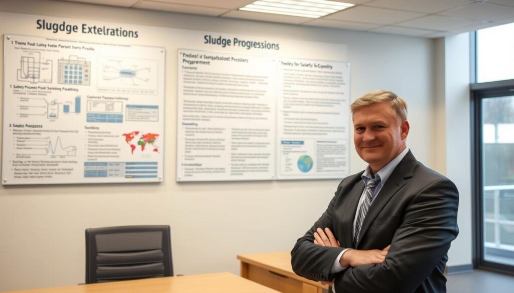 A well-lit office interior with a large desk and a wall-mounted display showcasing detailed sludge processing regulations. The display presents diagrams, charts, and text outlining the technical requirements, safety protocols, and environmental guidelines for effective sludge management. In the foreground, a professional-looking individual in business attire reviews the documentation, their expression conveying a sense of diligence and attention to detail. The overall atmosphere is one of precision, organization, and a commitment to upholding regulatory standards in the sludge processing industry.