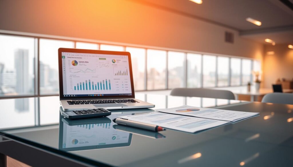 A detailed financial report displayed on a sleek, glass-topped desk, illuminated by warm, indirect lighting. In the foreground, a laptop with a spreadsheet showing key metrics and charts, surrounded by a few carefully arranged financial documents. In the middle ground, a calculator and a pen resting on the desk, suggesting a recent analysis session. The background features a minimalist office setting, with a large window overlooking a cityscape, creating a sense of professionalism and productivity. The overall mood is one of thoughtful consideration and strategic financial planning. A detailed financial report displayed on a sleek, glass-topped desk, illuminated by warm, indirect lighting. In the foreground, a laptop with a spreadsheet showing key metrics and charts, surrounded by a few carefully arranged financial documents. In the middle ground, a calculator and a pen resting on the desk, suggesting a recent analysis session. The background features a minimalist office setting, with a large window overlooking a cityscape, creating a sense of professionalism and productivity. The overall mood is one of thoughtful consideration and strategic financial planning.