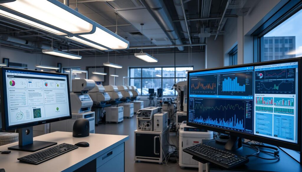 A high-tech laboratory filled with advanced analytical instruments, their displays showcasing real-time HPC monitoring data. The foreground features a sleek, modern workstation with a computer screen displaying a comprehensive dashboard, graphs, and charts tracking water quality metrics. Muted lighting from overhead fixtures casts a soft, professional glow, while the middle ground reveals rows of specialized testing equipment arrayed in a well-organized layout. In the background, floor-to-ceiling windows offer a glimpse of the exterior, hinting at the facility's role in ensuring the safety and purity of the surrounding water supply. The overall scene conveys a sense of diligence, precision, and a commitment to upholding the highest standards of water quality monitoring. A high-tech laboratory filled with advanced analytical instruments, their displays showcasing real-time HPC monitoring data. The foreground features a sleek, modern workstation with a computer screen displaying a comprehensive dashboard, graphs, and charts tracking water quality metrics. Muted lighting from overhead fixtures casts a soft, professional glow, while the middle ground reveals rows of specialized testing equipment arrayed in a well-organized layout. In the background, floor-to-ceiling windows offer a glimpse of the exterior, hinting at the facility's role in ensuring the safety and purity of the surrounding water supply. The overall scene conveys a sense of diligence, precision, and a commitment to upholding the highest standards of water quality monitoring.