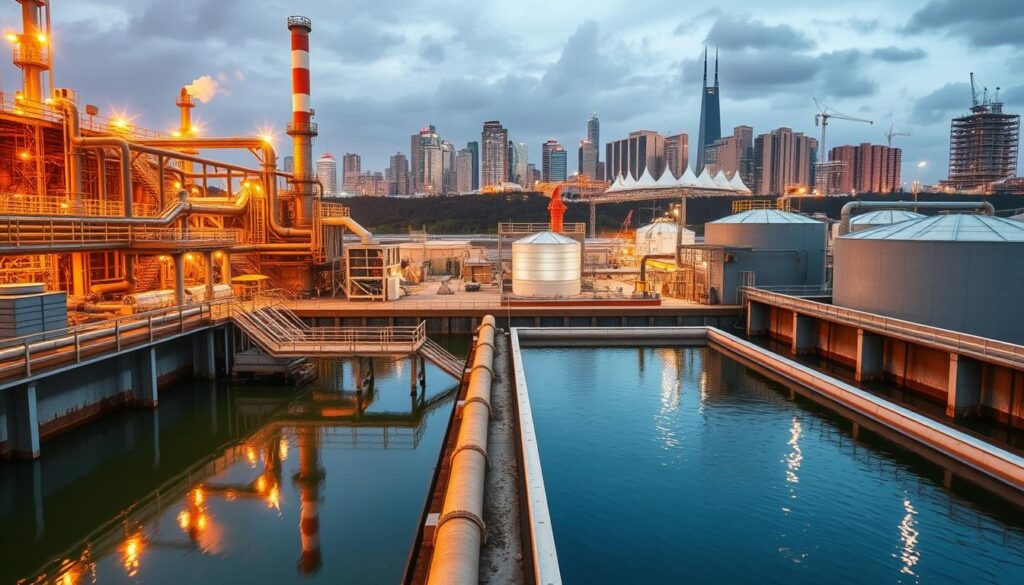 A large-scale wastewater treatment facility, illuminated by warm industrial lighting, stands in the foreground. In the middle ground, a complex network of pipes, tanks, and machinery bustles with activity, conveying the conversion of waste into renewable energy. The background showcases a skyline of modern urban architecture, symbolizing the integration of sustainable energy production within the built environment. The scene conveys a sense of efficiency, innovation, and the transformation of waste into a valuable resource, reflecting the article's focus on quantifiable results in energy production and cost reduction. A large-scale wastewater treatment facility, illuminated by warm industrial lighting, stands in the foreground. In the middle ground, a complex network of pipes, tanks, and machinery bustles with activity, conveying the conversion of waste into renewable energy. The background showcases a skyline of modern urban architecture, symbolizing the integration of sustainable energy production within the built environment. The scene conveys a sense of efficiency, innovation, and the transformation of waste into a valuable resource, reflecting the article's focus on quantifiable results in energy production and cost reduction.
