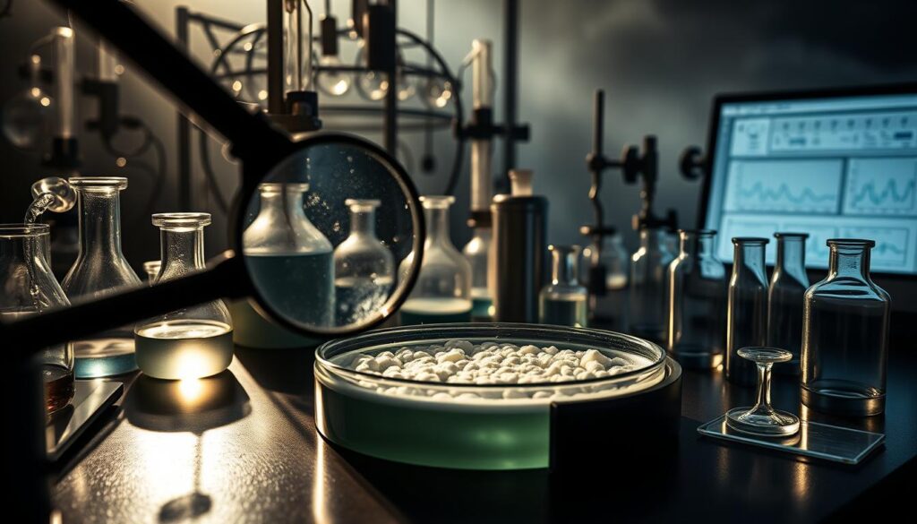 An intricate laboratory setup with a complex array of scientific equipment, beakers, and test tubes, casting long shadows under dramatic, high-contrast lighting. In the foreground, a magnifying glass hovers over a Petri dish filled with a cloudy, turbid liquid, hinting at the limitations and challenges of Heterotrophic Plate Count (HPC) analysis. The middle ground features a computer display showing graphs and data visualizations, suggesting the need for advanced analytical tools to interpret the results. The background is shrouded in a moody, atmospheric haze, conveying the uncertainty and complexity inherent in water quality monitoring. An intricate laboratory setup with a complex array of scientific equipment, beakers, and test tubes, casting long shadows under dramatic, high-contrast lighting. In the foreground, a magnifying glass hovers over a Petri dish filled with a cloudy, turbid liquid, hinting at the limitations and challenges of Heterotrophic Plate Count (HPC) analysis. The middle ground features a computer display showing graphs and data visualizations, suggesting the need for advanced analytical tools to interpret the results. The background is shrouded in a moody, atmospheric haze, conveying the uncertainty and complexity inherent in water quality monitoring.