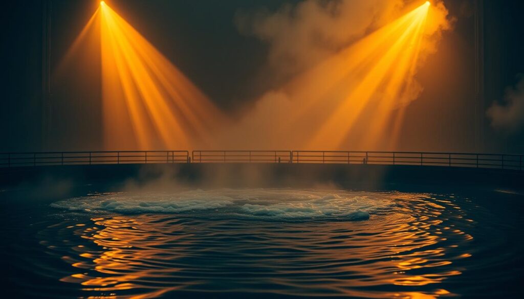 A dimly lit industrial setting, with a large Bardenpho wastewater treatment tank in the foreground. The tank's surface is in constant flux, with ripples and waves reflecting the fluctuating temperatures within. The background is hazy, with steam and mist rising from the tank, creating an atmosphere of uncertainty and complexity. Beams of warm, amber lighting pierce through the fog, illuminating the turbulent waters and casting dramatic shadows across the scene. The overall mood is one of technical challenge and the need to understand and manage these temperature variations for optimal process performance.