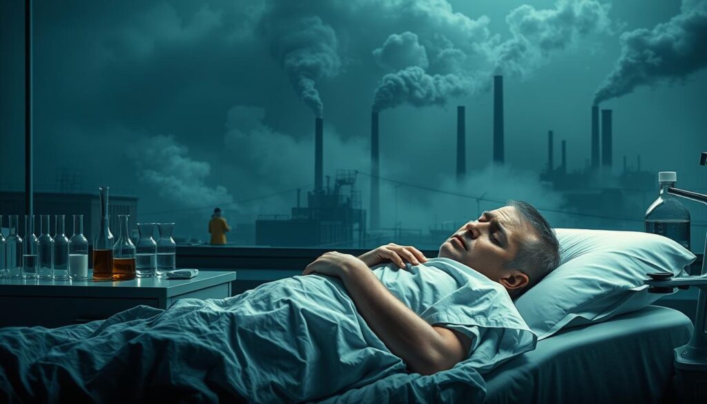 A dramatic, photorealistic scene depicting the human health implications of wastewater toxicity. In the foreground, a person lies ill on a hospital bed, appearing distressed and fatigued. The middle ground showcases a laboratory setting with test tubes, beakers, and scientific instruments, alluding to the analysis of contaminated water samples. In the background, a hazy, industrial landscape with smokestacks and runoff pipes suggests the source of the toxic pollutants. The lighting is stark and harsh, casting deep shadows to convey a sense of foreboding. The overall composition and color palette evoke a sense of concern and urgency, highlighting the serious consequences of exposure to hazardous wastewater. A dramatic, photorealistic scene depicting the human health implications of wastewater toxicity. In the foreground, a person lies ill on a hospital bed, appearing distressed and fatigued. The middle ground showcases a laboratory setting with test tubes, beakers, and scientific instruments, alluding to the analysis of contaminated water samples. In the background, a hazy, industrial landscape with smokestacks and runoff pipes suggests the source of the toxic pollutants. The lighting is stark and harsh, casting deep shadows to convey a sense of foreboding. The overall composition and color palette evoke a sense of concern and urgency, highlighting the serious consequences of exposure to hazardous wastewater.