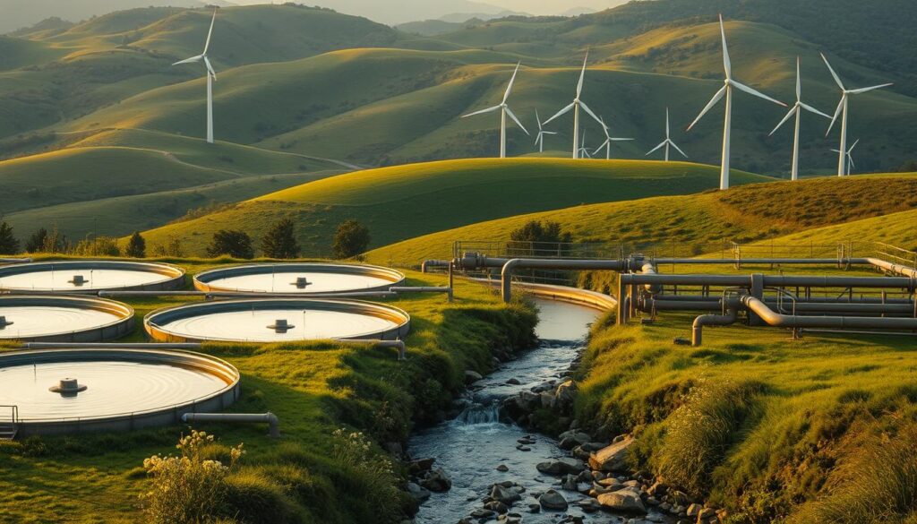 A lush, verdant landscape with a wastewater treatment plant nestled amidst rolling hills. In the foreground, a series of aeration tanks and clarifiers, their surfaces gently rippling, teeming with the activity of aerobic and facultative organisms hard at work. In the middle ground, a network of pipes and valves, painted in earthy tones, transporting the treated water to a nearby stream, where a small waterfall cascades over smooth rocks. The background features towering wind turbines, their blades lazily spinning, harnessing renewable energy to power the sustainable facility. Warm, diffused lighting bathes the scene, creating a sense of harmony and environmental stewardship. A lush, verdant landscape with a wastewater treatment plant nestled amidst rolling hills. In the foreground, a series of aeration tanks and clarifiers, their surfaces gently rippling, teeming with the activity of aerobic and facultative organisms hard at work. In the middle ground, a network of pipes and valves, painted in earthy tones, transporting the treated water to a nearby stream, where a small waterfall cascades over smooth rocks. The background features towering wind turbines, their blades lazily spinning, harnessing renewable energy to power the sustainable facility. Warm, diffused lighting bathes the scene, creating a sense of harmony and environmental stewardship.