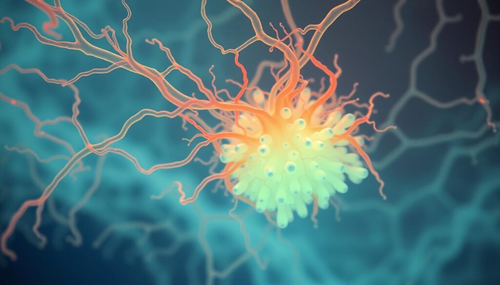 A microscopic view of biofilm formation by Zoogloea bacteria, showcasing their unique cellular aggregation. Vibrant, viscous strands of extracellular matrix weave intricate networks, trapping water and nutrients. Glowing, translucent bacterial cells cluster together, suspended in a dense, gel-like substance. Soft, diffused lighting illuminates the delicate, three-dimensional structure, highlighting the graceful, organic patterns. The overall scene conveys a sense of scientific wonder and the hidden complexity of these microbial communities. A microscopic view of biofilm formation by Zoogloea bacteria, showcasing their unique cellular aggregation. Vibrant, viscous strands of extracellular matrix weave intricate networks, trapping water and nutrients. Glowing, translucent bacterial cells cluster together, suspended in a dense, gel-like substance. Soft, diffused lighting illuminates the delicate, three-dimensional structure, highlighting the graceful, organic patterns. The overall scene conveys a sense of scientific wonder and the hidden complexity of these microbial communities.