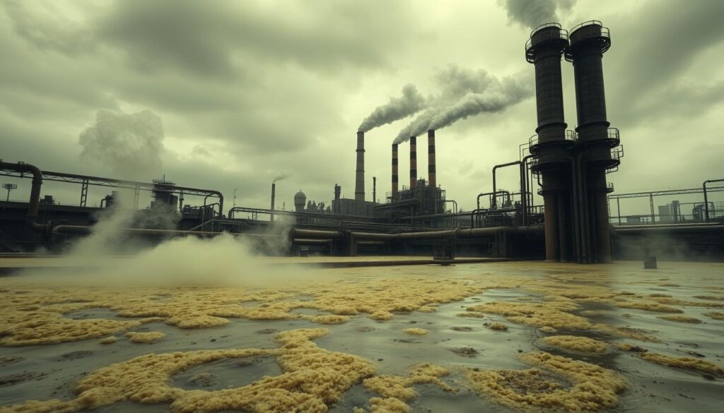 A stark, industrial landscape depicting the toxicity of wastewater. In the foreground, a murky, discolored pool of effluent bubbles and churns, emitting noxious fumes. The middle ground features a network of rusty pipes and corroded machinery, hinting at the source of this pollution. In the background, a towering factory looms, its smokestacks belching thick, toxic plumes against a gloomy, overcast sky. The scene is bathed in a sickly, greenish-yellow hue, conveying the sense of environmental degradation and hazard. The composition is shot from a low angle, emphasizing the imposing, ominous nature of this industrial wastewater toxicity. A stark, industrial landscape depicting the toxicity of wastewater. In the foreground, a murky, discolored pool of effluent bubbles and churns, emitting noxious fumes. The middle ground features a network of rusty pipes and corroded machinery, hinting at the source of this pollution. In the background, a towering factory looms, its smokestacks belching thick, toxic plumes against a gloomy, overcast sky. The scene is bathed in a sickly, greenish-yellow hue, conveying the sense of environmental degradation and hazard. The composition is shot from a low angle, emphasizing the imposing, ominous nature of this industrial wastewater toxicity.