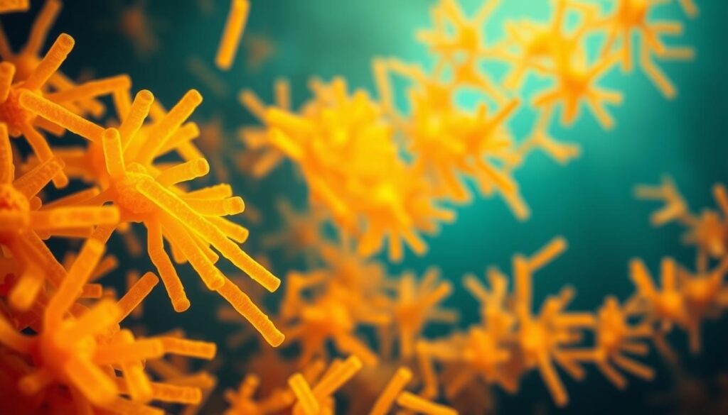 A vibrant micrograph of aerobic bacteria, their rod-shaped cells thriving in an oxygen-rich environment. The foreground features a close-up view of these microscopic organisms, their cell walls glowing with a warm, golden hue under soft, diffused lighting. The middle ground reveals a network of interconnected bacterial colonies, each individual cell distinct yet harmoniously arranged. In the background, a subtle gradient of blues and greens suggests the aqueous, nutrient-rich medium in which these aerobic bacteria flourish. The overall scene conveys a sense of dynamic vitality and efficient metabolic processes, capturing the essence of the "Oxygen Lovers" at the heart of wastewater treatment. A vibrant micrograph of aerobic bacteria, their rod-shaped cells thriving in an oxygen-rich environment. The foreground features a close-up view of these microscopic organisms, their cell walls glowing with a warm, golden hue under soft, diffused lighting. The middle ground reveals a network of interconnected bacterial colonies, each individual cell distinct yet harmoniously arranged. In the background, a subtle gradient of blues and greens suggests the aqueous, nutrient-rich medium in which these aerobic bacteria flourish. The overall scene conveys a sense of dynamic vitality and efficient metabolic processes, capturing the essence of the "Oxygen Lovers" at the heart of wastewater treatment.