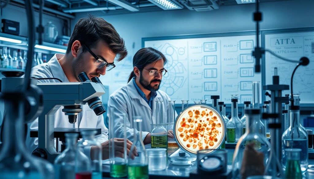An advanced scientific laboratory, filled with complex equipment and various materials. In the foreground, a team of researchers examines a Petri dish containing the Zooglea bacteria under a high-powered microscope, their expressions conveying the challenges they face in understanding and harnessing the unique properties of these microbes. The middle ground showcases an array of test tubes, beakers, and other glassware, each containing different experimental setups. In the background, a large whiteboard displays intricate diagrams and equations, highlighting the complex nature of the research. Subtle blue and green hues create a contemplative, research-oriented atmosphere, while carefully placed lighting casts dramatic shadows, emphasizing the intensity of the work at hand. An advanced scientific laboratory, filled with complex equipment and various materials. In the foreground, a team of researchers examines a Petri dish containing the Zooglea bacteria under a high-powered microscope, their expressions conveying the challenges they face in understanding and harnessing the unique properties of these microbes. The middle ground showcases an array of test tubes, beakers, and other glassware, each containing different experimental setups. In the background, a large whiteboard displays intricate diagrams and equations, highlighting the complex nature of the research. Subtle blue and green hues create a contemplative, research-oriented atmosphere, while carefully placed lighting casts dramatic shadows, emphasizing the intensity of the work at hand.