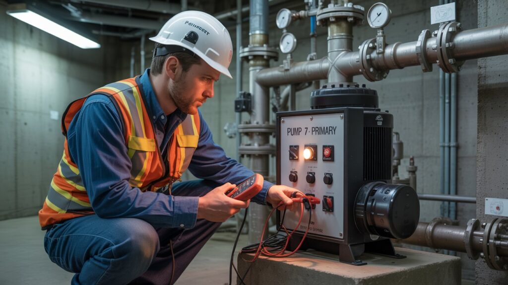 A photograph of a focused electrician kneeling beside a large industrial pump within a wastewater treatment plant. The electrician, wearing a safety helmet and reflective vest, holds a multimeter and intently examines the pump's control panel labeled “"Pump 7 - Primary"”. The concrete walls of the treatment plant are visible in the background, with a network of pipes and gauges dimly lit by the overhead fluorescent lighting. Soft directional light highlights the electrician’s face, emphasizing the serious nature of the troubleshooting process.