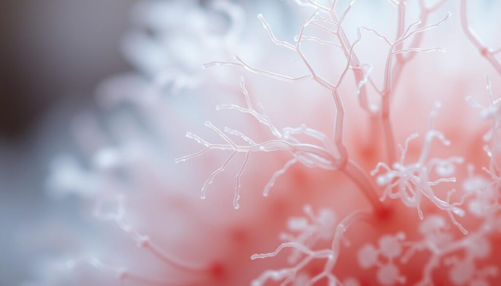 A close-up view of Microthrix parvicella, a filamentous foam-producing microorganism, captured under a high-magnification microscope lens. The thin, branching filaments are rendered in vivid detail, showcasing their complex and intricate structure. The background is blurred, creating a shallow depth of field that focuses the viewer's attention on the captivating microbial forms. Soft, diffused lighting from the side illuminates the textures and highlights the translucent qualities of the organisms, conveying a sense of scientific wonder and curiosity about the hidden world of these microscopic foam producers. A close-up view of Microthrix parvicella, a filamentous foam-producing microorganism, captured under a high-magnification microscope lens. The thin, branching filaments are rendered in vivid detail, showcasing their complex and intricate structure. The background is blurred, creating a shallow depth of field that focuses the viewer's attention on the captivating microbial forms. Soft, diffused lighting from the side illuminates the textures and highlights the translucent qualities of the organisms, conveying a sense of scientific wonder and curiosity about the hidden world of these microscopic foam producers.