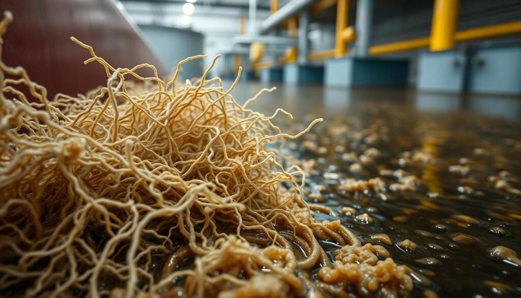 A close-up view of Nocardia bacteria thriving in the activated sludge of a wastewater treatment plant. The foreground shows a dense colony of Nocardia filaments, their branching mycelia intertwined and clumped together, creating a tangled web-like structure. The middle ground reveals the nutrient-rich, flocculated sludge matrix, with the Nocardia drawing sustenance from the excess organic matter and nitrogen sources. In the background, a blurred view of the aeration tanks and piping system, suggesting the controlled environment that fosters Nocardia growth. The image is captured under bright, evenly distributed lighting that highlights the textural details of the bacterial cells and the sludge. The overall tone conveys a scientific, investigative mood, emphasizing the importance of understanding the nutrient dynamics that influence this problematic wastewater microorganism.
