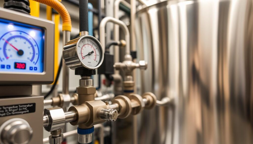 A close-up view of a bioreactor system, with a detailed focus on the temperature control mechanisms used to manage Nocardia growth. The foreground features a digital temperature display, precise gauges, and carefully calibrated dials. In the middle ground, intricate piping and valves regulate the flow of heated or chilled liquids, maintaining the optimal temperature range. The background showcases the larger bioreactor vessel, its sleek stainless steel exterior reflecting the overhead lighting, conveying a sense of industrial efficiency and process control. The overall mood is one of scientific precision and technological mastery, highlighting the importance of temperature management in controlling Nocardia proliferation within the activated sludge environment.