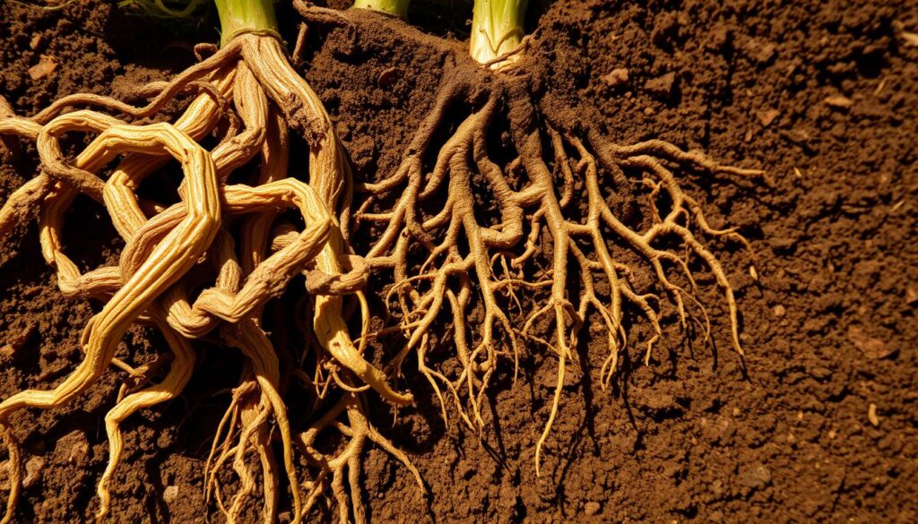 A cross-section of diseased plant roots, magnified to reveal the effects of nutrient deficiency. The foreground showcases twisted, discolored roots with patches of necrosis and stunted growth. The middle ground depicts the intricate underground network, highlighting the poor branching and lack of healthy lateral roots. In the background, a murky, nutrient-depleted soil texture sets the tone of environmental stress. Warm, low-angle lighting casts long shadows, emphasizing the deformities and creating a somber, documentary-style aesthetic. Captured with a macro lens to convey the microscopic detail of this biological phenomenon.