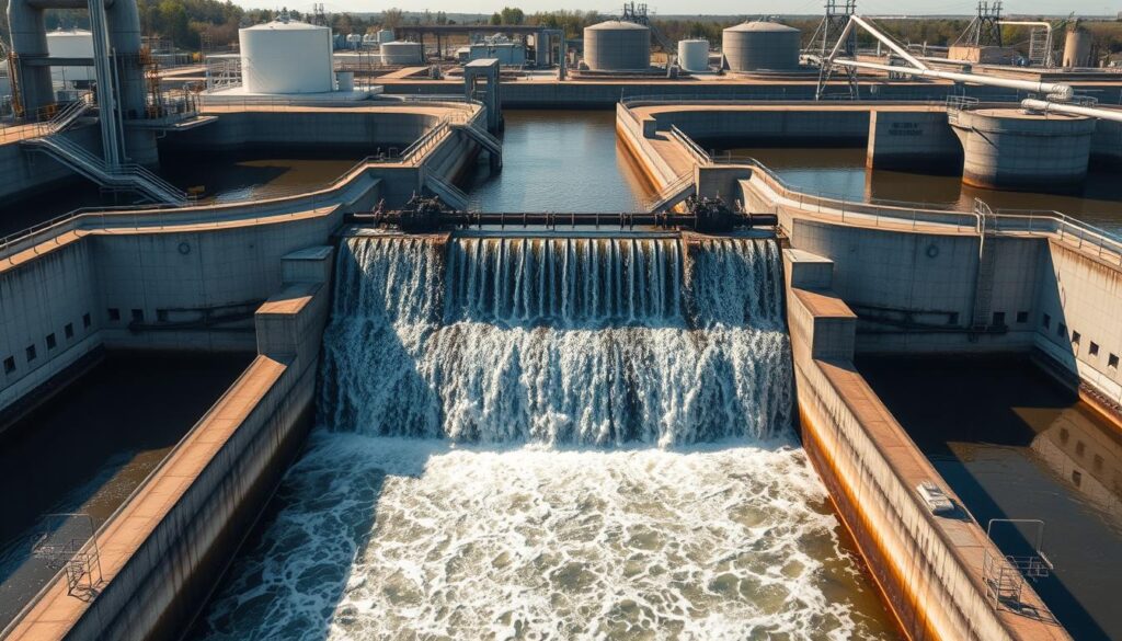 A detailed aerial view of a wastewater treatment plant, showcasing a weir structure with water cascading over it. The foreground depicts the weir's design, with its precise dimensions and overflow mechanisms. The middle ground features the surrounding concrete channels and flow control systems, highlighting the engineering principles at play. In the background, the broader treatment facility is visible, with pipes, tanks, and other infrastructure conveying the scale and complexity of the wastewater management system. The scene is illuminated by natural sunlight, casting dramatic shadows and reflections on the water's surface, emphasizing the dynamic nature of the overflow process. The overall tone is one of technical precision and environmental stewardship.