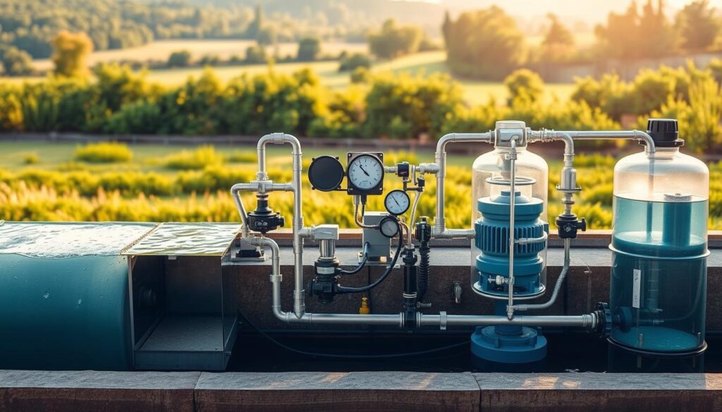 A detailed comparison of various wastewater treatment methods, showcasing their unique processes and capabilities. In the foreground, a side-by-side depiction of different treatment stages - sedimentation, biological filtration, and chemical disinfection. The middle ground features an array of technical equipment, pipes, and gauges, highlighting the complex infrastructure required. In the background, a serene landscape with lush greenery, symbolizing the environmental benefits of effective wastewater management. The scene is bathed in warm, natural lighting, conveying a sense of efficiency and sustainability. The overall mood is one of scientific precision and environmental responsibility.