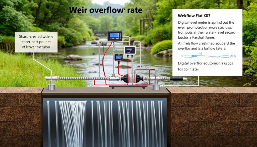 A detailed illustration of a weir overflow rate measurement setup. In the foreground, a weir structure with a precise flow gauging mechanism, such as a sharp-crested weir or a Parshall flume, capturing the water flow dynamics. The middle ground showcases the instrumentation - digital flow meters, water level sensors, and data logging equipment, all precisely calibrated and arranged to record the overflow rate. The background depicts a natural river or stream environment, with lush vegetation and a serene atmosphere, to provide context for the measurement techniques. The lighting is soft and even, capturing the technical details while maintaining a calm, informative mood. The camera angle is positioned to provide a clear, unobstructed view of the entire setup, allowing the viewer to understand the weir overflow rate measurement process.