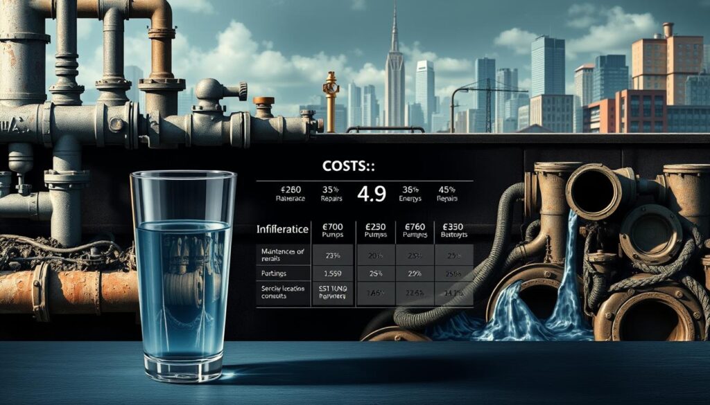 A detailed illustration of water infrastructure costs, showcasing the economic impact of infiltration and inflow. In the foreground, a clear glass filled with water, representing the financial burden. Behind it, a series of pipes, valves, and pumps in various states of wear and tear, symbolizing the aging and inefficient infrastructure. The middle ground features a breakdown of cost components, such as maintenance, repairs, and energy consumption. In the background, a cityscape with crumbling sewers and overflowing manholes, highlighting the widespread nature of the problem. Dramatic lighting casts shadows and highlights the weathered textures, conveying a sense of urgency and the need for investment in water infrastructure.