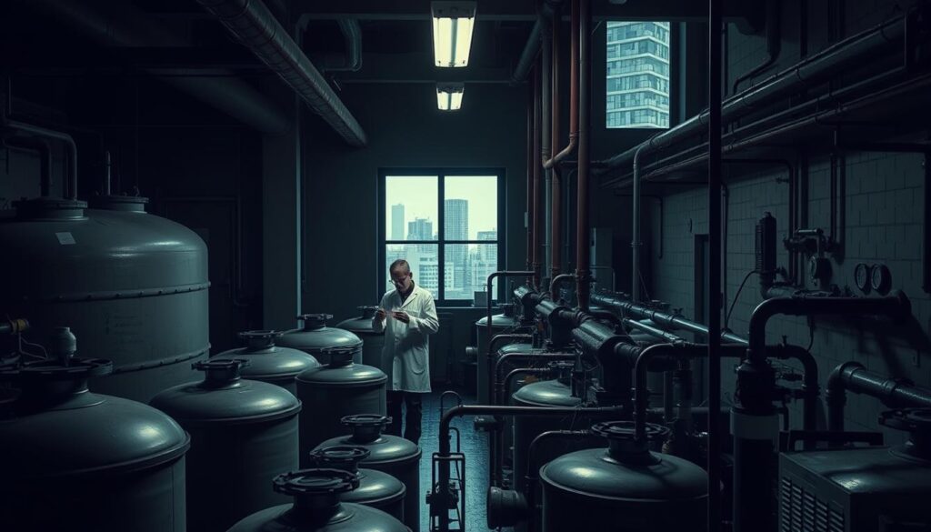 A dimly lit industrial facility, with a series of tanks, pipes, and machinery scattered throughout the foreground. In the center, a technician in a white lab coat examines a beaker, while nearby, a filtration system and a series of gauges monitor the treatment process. In the background, a large window overlooks a cityscape, hinting at the urban context of the wastewater treatment plant. The scene conveys a sense of technical expertise and problem-solving, with an atmosphere of quiet concentration and attention to detail.