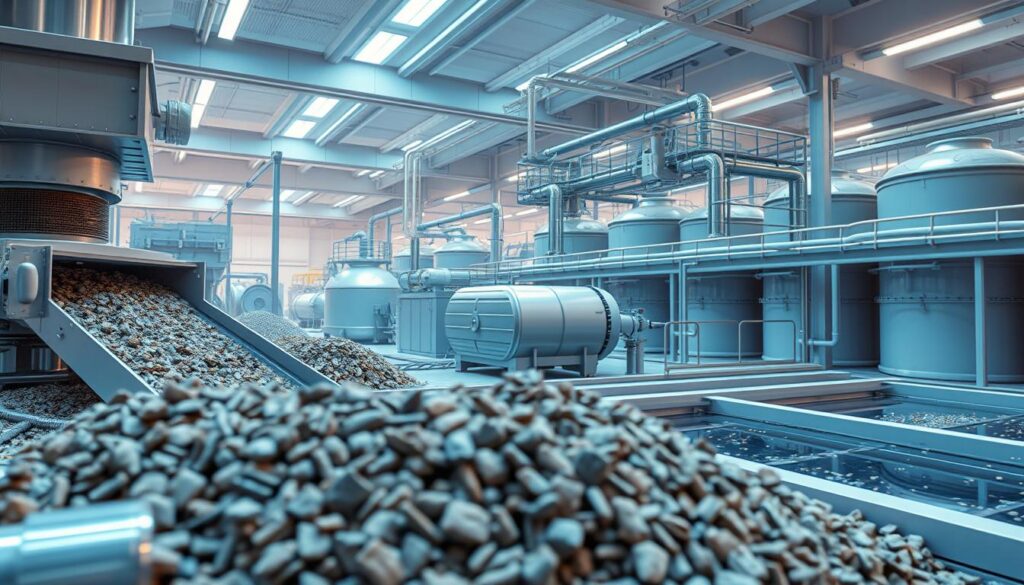 A futuristic and innovative headworks facility, with cutting-edge technologies prominently displayed. In the foreground, state-of-the-art screening equipment efficiently removes large solids, while behind it, advanced grit removal systems meticulously separate heavy inorganic particles. In the middle ground, a sleek and compact compactor efficiently dewaters and compacts the collected waste, minimizing its volume. In the background, a series of aeration tanks and sedimentation basins showcase the latest advancements in primary treatment, with a clean, modern aesthetic. The entire scene is bathed in a warm, blue-tinted lighting, conveying a sense of efficiency, sustainability, and technological progress in the world of wastewater treatment.