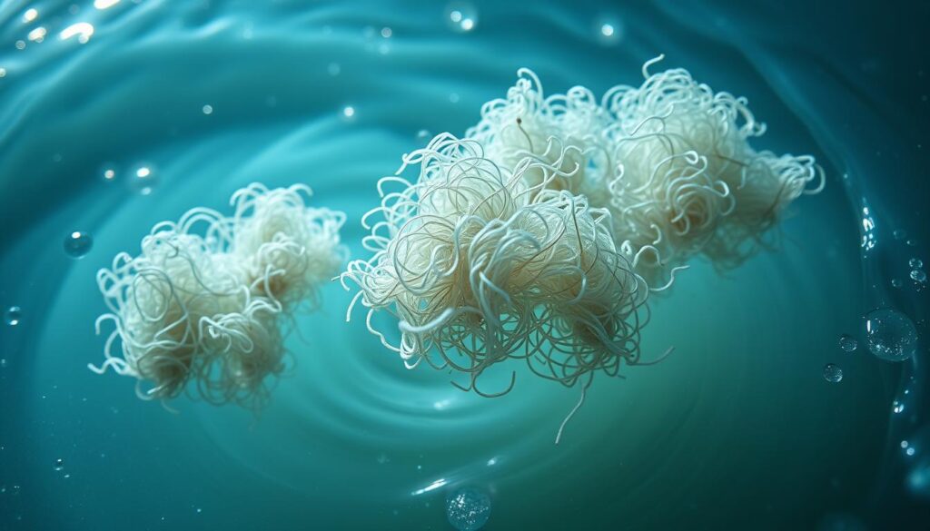 A high-contrast close-up of pin floc clusters suspended in a swirling, turbid stream of water. The floc is composed of tiny, tangled filamentous bacteria, with a light, wispy texture. The water has a bluish-green hue and appears slightly murky, with small air bubbles and particulate matter visible. The scene is backlit, creating dramatic highlights and shadows that accentuate the delicate, web-like structure of the floc. The camera angle is slightly tilted, adding a sense of dynamism and movement to the image. The overall mood is one of scientific interest and environmental concern, capturing the complex interplay between biological and chemical processes in water treatment systems.
