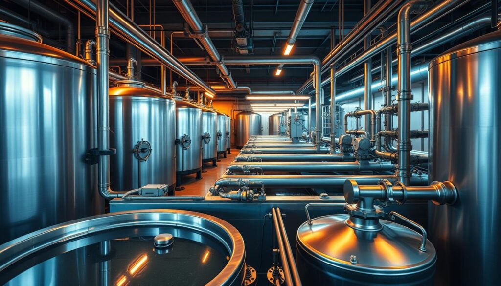 A high-tech industrial facility with gleaming steel tanks, pipes, and valves. In the foreground, a clarifier tank separates solids from the wastewater. The middle ground features a series of aeration basins, where microorganisms break down organic matter. In the background, a UV disinfection system bathes the treated water in a soft, cool glow. The scene is illuminated by warm, directional lighting, casting dramatic shadows and highlights that accentuate the intricate machinery. The overall mood is one of efficiency, precision, and environmental responsibility.