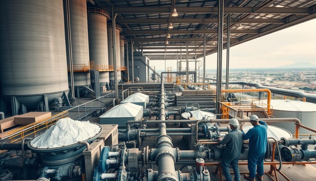 A large industrial facility with towering storage silos, conveyor belts, and processing equipment. In the foreground, workers in protective gear operate valves and machinery, handling the white, powdery slaked lime. The middle ground shows the intricate network of pipes, tanks, and filtration systems used to treat wastewater. The background features a cityscape or landscape, conveying the scale and integration of this industrial process. The lighting is a combination of warm, artificial illumination and natural daylight, creating a balanced, functional atmosphere. The camera angle is slightly elevated, allowing the viewer to take in the entire scope of the industrial application.