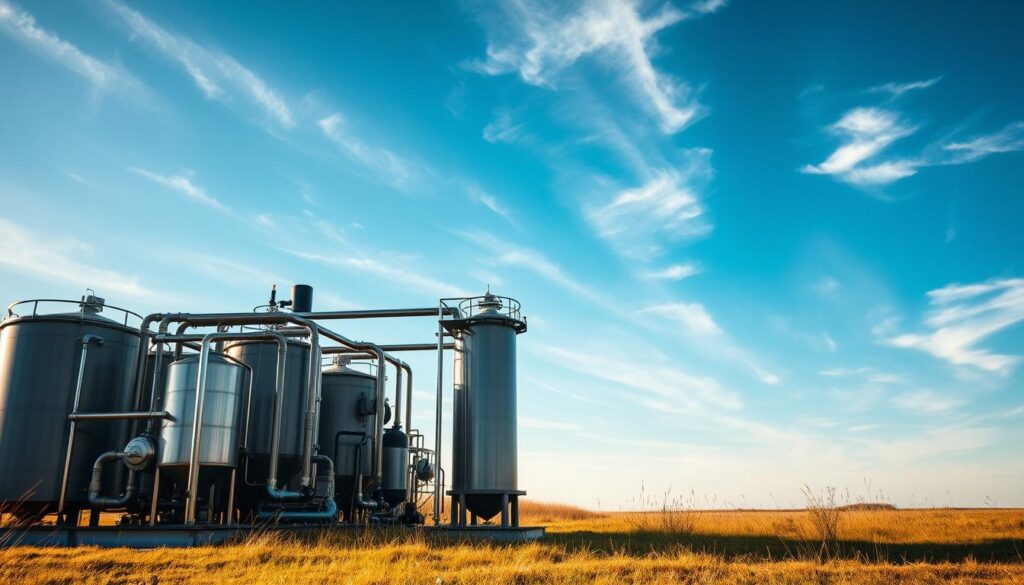 A large, industrial-grade on-site water treatment system, standing amidst a grassy landscape. The system features a series of sturdy, metallic tanks and filtration units, with various pipes and valves connecting them. The foreground showcases the intricate details of the system's components, while the middle ground reveals the overall layout and scale of the installation. In the background, a clear blue sky with wispy clouds creates a sense of tranquility, contrasting with the utilitarian nature of the water treatment system. Warm, natural lighting illuminates the scene, casting shadows that add depth and dimension to the image. The overall composition conveys the technical complexity and practical importance of this on-site water treatment system.