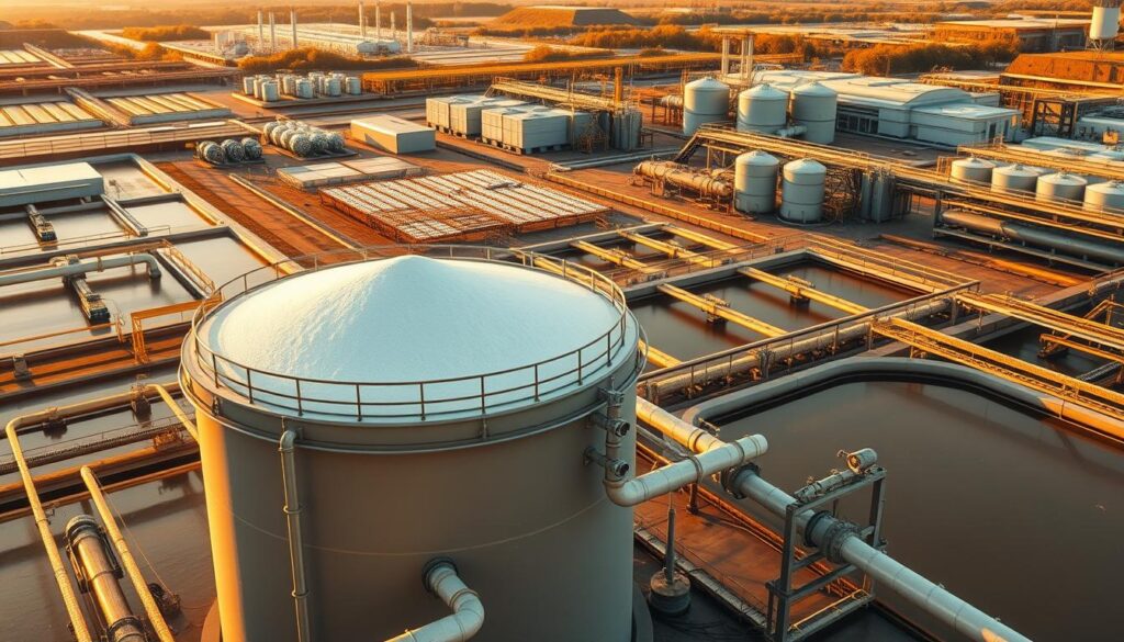 A large industrial wastewater treatment facility, with a central slaked lime mixing tank at the forefront. Pipes and valves criss-cross the scene, connecting the tank to various settling ponds and clarifiers in the middle ground. In the background, rows of filtration units and chemical storage silos dot the landscape, surrounded by a modern, high-tech control room. Warm, golden lighting illuminates the scene, casting long shadows and creating a sense of industrial efficiency. The overall mood is one of precision engineering and environmental stewardship, highlighting the critical role of slaked lime in optimizing the wastewater treatment process.