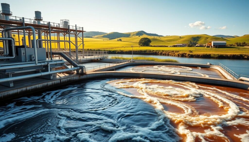A large, modern wastewater treatment plant situated by a tranquil river. In the foreground, a series of sedimentation tanks filled with swirling, churning activated sludge. Overhead, a network of pipes, valves, and monitoring equipment. In the background, rolling green hills and a bright, cloudless sky. The scene is bathed in warm, golden sunlight, conveying a sense of efficiency, technological sophistication, and environmental harmony. The composition emphasizes the interconnectedness of the plant's hydraulic and solids retention systems, illustrating the optimization of these critical parameters.