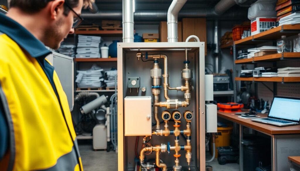 A neatly organized industrial workshop, with a technician in a safety vest carefully inspecting the control panel of an on-site hypochlorite generation (OSHG) system. The foreground shows the technician's gloved hands and focused expression, while the middle ground displays the intricate machinery of the OSHG unit, its pipes and valves gleaming under the warm, directional lighting. In the background, the workshop is filled with shelves of spare parts, maintenance tools, and a work desk with a laptop, highlighting the importance of proper upkeep and operational best practices for this critical wastewater treatment technology.