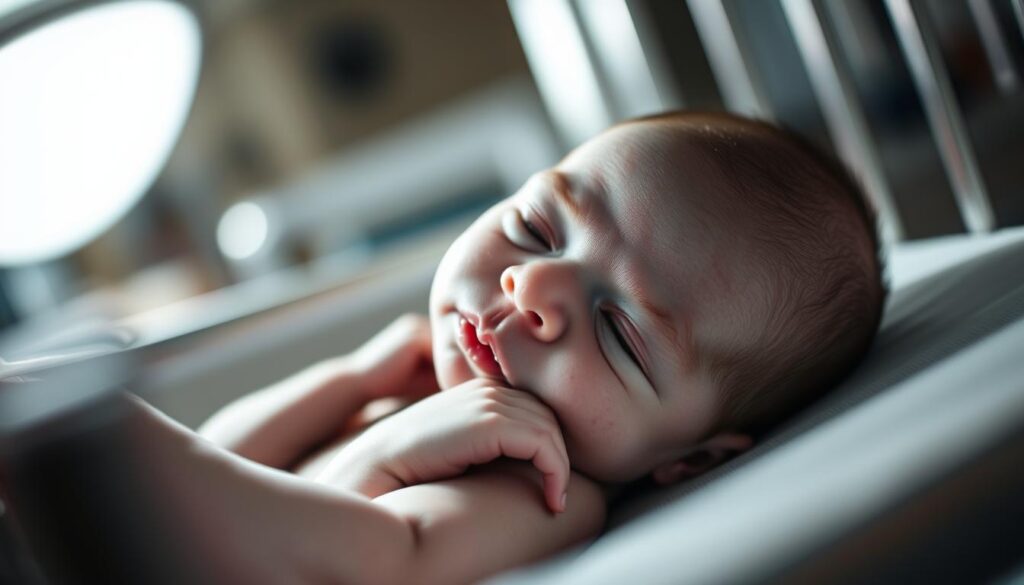 A newborn infant with a distinctive blue-gray skin tone, lying peacefully in a hospital crib. The harsh fluorescent lighting casts sharp shadows, highlighting the child's discolored complexion. The scene is framed in a tight close-up, drawing the viewer's attention to the baby's labored breathing and listless expression. The background is a blurred, sterile hospital environment, conveying the gravity of the medical condition. The composition and lighting evoke a sense of concern and urgency, reflecting the seriousness of "blue baby syndrome" and the need to identify its underlying cause.
