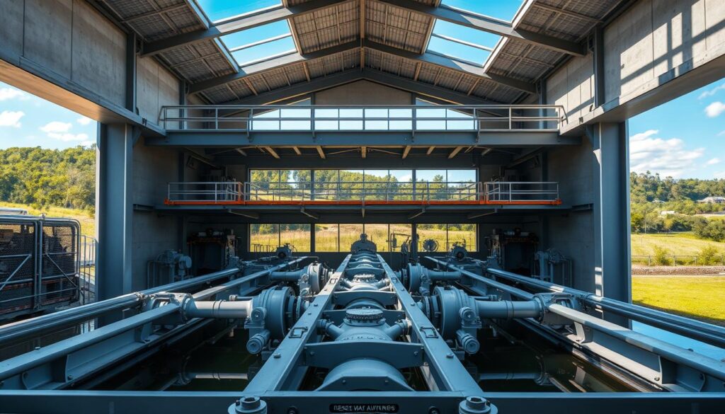 A sleek, modern wastewater treatment facility with a prominent headworks structure at the center. The headworks, constructed with clean lines and minimal ornamentation, features a series of screens, grinders, and grit removal mechanisms in a well-organized layout. Sunlight streams in through large windows, illuminating the intricate mechanisms and machinery within. The overall atmosphere conveys a sense of efficiency, functionality, and attention to engineering design principles. In the background, a verdant landscape and clear blue sky provide a natural contrast to the industrial setting. The camera angle highlights the headworks' importance as the crucial first step in the wastewater treatment process.