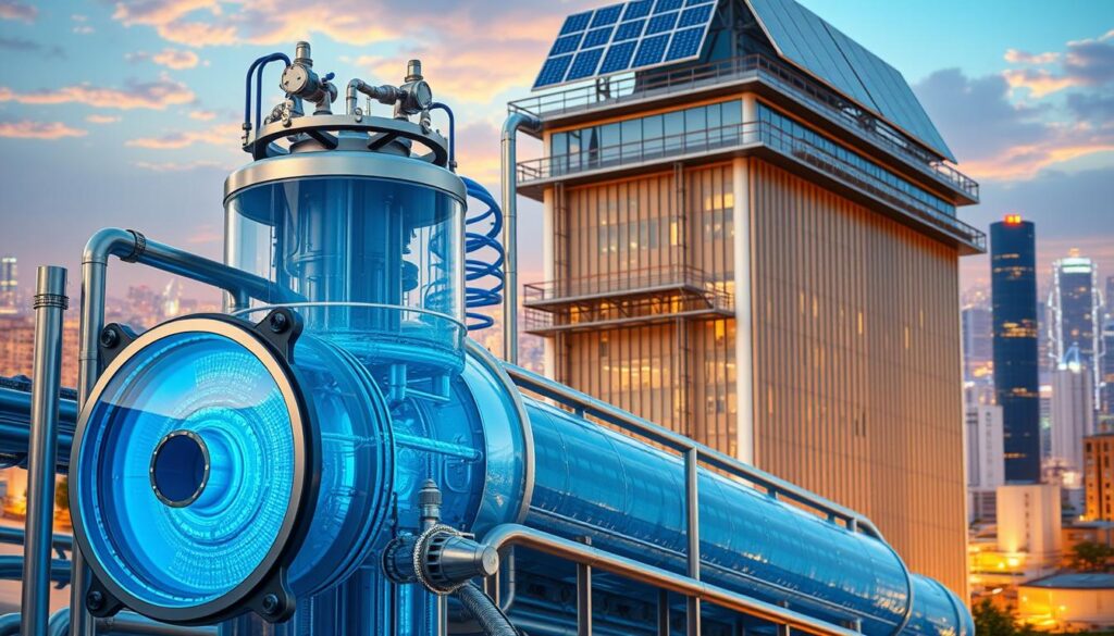 A towering, state-of-the-art wastewater treatment facility stands against a backdrop of a vibrant, futuristic cityscape. In the foreground, a cutting-edge filtration system pulses with blue-tinted light, its intricate mechanisms reflecting the clean, crystal-clear water that flows through. Sleek, silver pipework snakes around the facility, conveying the efficient, high-tech nature of the operation. The building's facade is adorned with solar panels, harnessing renewable energy to power the innovative treatment process. The scene exudes a sense of technological prowess, environmental sustainability, and a vision for the future of wastewater management.