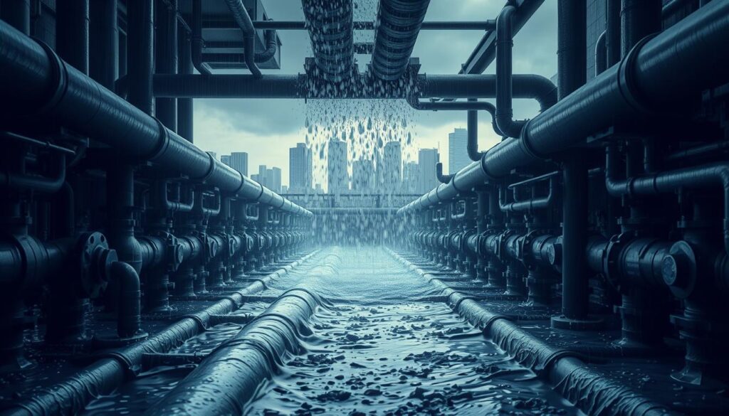 A vast drainage system, pipes and valves in the foreground, channeling water through a complex network. In the middle ground, a heavy downpour cascades into the system, illustrating the inflow that can overwhelm a subterranean infrastructure. The background depicts a cityscape, hinting at the urban environments where such issues of infiltration and inflow commonly arise. Dimly lit with a sense of urgency, the scene conveys the critical importance of managing excess water flow to maintain functional sanitation and prevent flooding.