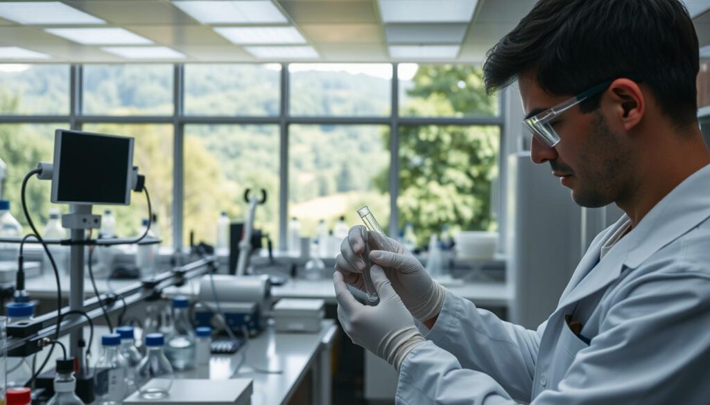 A well-equipped laboratory setting, with a scientist in a white coat carefully conducting water quality tests. The foreground shows the scientist holding test tubes and pipettes, examining the samples under bright, evenly-distributed lighting. The middle ground features rows of scientific equipment, beakers, and monitoring devices, creating a sense of a methodical, controlled environment. In the background, large windows provide a view of a lush, natural landscape, suggesting the connection between water sources and the surrounding ecosystem. The overall mood is one of diligence, precision, and a commitment to understanding the potential environmental factors that may impact public health.