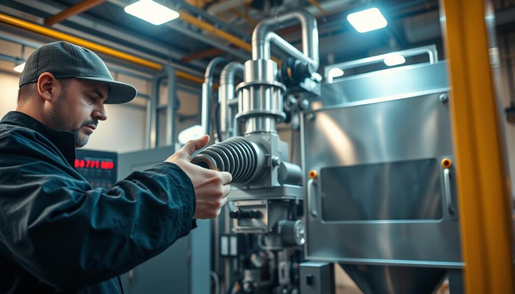 A well-lit, high-resolution image of a screw feeder system undergoing maintenance. The foreground shows a technician closely inspecting the screw auger, checking for wear and damage. The middle ground features the control panel and supporting machinery, with dials, displays, and warning lights. The background depicts the screw feeder in its housing, with a sleek, industrial design and clean lines. The lighting is a combination of warm overhead lamps and cooler, directional spotlights, creating depth and emphasizing the mechanical details. The overall atmosphere conveys a sense of precision, functionality, and technical expertise.