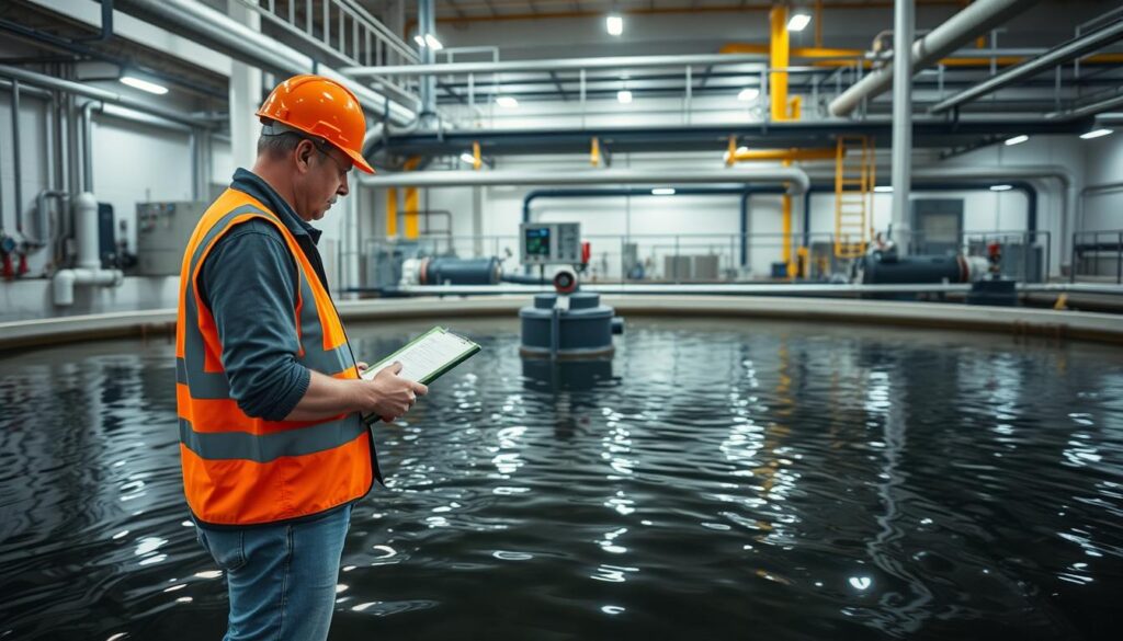 A well-lit industrial interior, the focus centered on an expansive aeration tank. The tank's surface gently ripples, revealing the dynamic movement of the activated sludge within. In the foreground, a technician in a safety vest carefully inspects the tank's mechanical components, clipboard in hand, noting any seasonal variations that may impact the system's efficiency. The middle ground showcases the intricate piping and control panels, while the background subtly depicts the larger wastewater treatment facility, hinting at the broader context of this crucial process. The scene conveys a sense of attentive maintenance, technical expertise, and the delicate balance required to ensure optimal aeration and treatment.