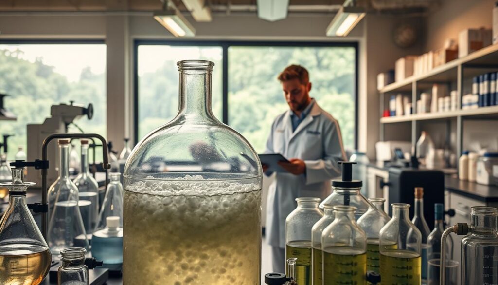 A well-lit laboratory scene showcasing the biological treatment of wastewater to reduce chemical oxygen demand (COD). In the foreground, a large glass bioreactor filled with a bubbling, oxygenated culture of microorganisms. Surrounding the bioreactor are various lab equipment and instruments, including Erlenmeyer flasks, beakers, and a spectrophotometer. In the middle ground, a technician in a white lab coat meticulously monitors the treatment process, taking notes on a clipboard. The background features shelves of analytical supplies and a large window overlooking a verdant, natural landscape, conveying the environmental benefits of this sustainable wastewater treatment approach. Warm, diffused lighting and a sense of scientific inquiry create an atmosphere of innovation and progress.