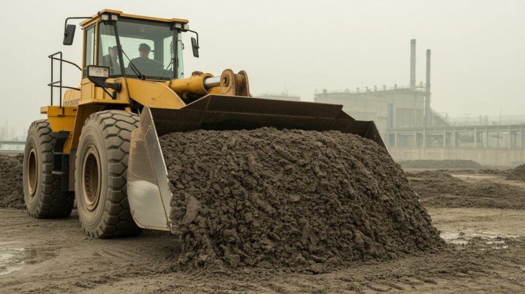 A photograph captures a massive yellow front-loader, its bucket overflowing with a dense pile of dark brown sludge. The loader sits on uneven ground, the bucket’s contents slightly angled, revealing a texture of dried clumps and fine particles. Behind the vehicle, a sprawling municipal wastewater plant rises in the distance, its concrete structures and tall chimneys fading into a hazy gray sky. The scene is bathed in the diffused light of an overcast afternoon, creating a muted, earthy color palette that emphasizes the industrial process.
